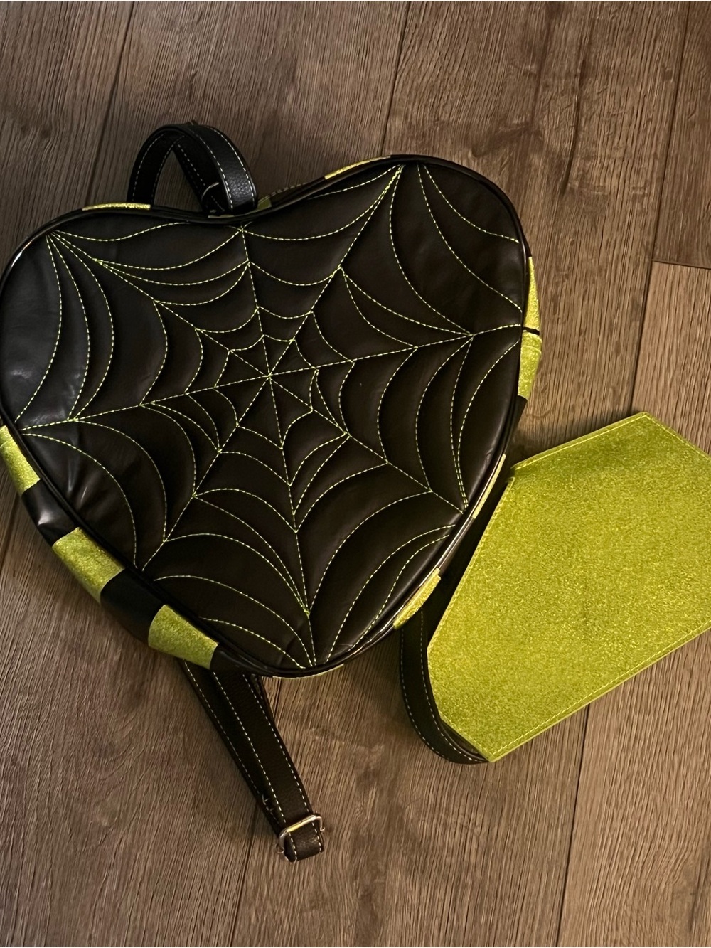 Pumpkin Kult Black Heart Crossbody Bag with Neon Green Spiderweb